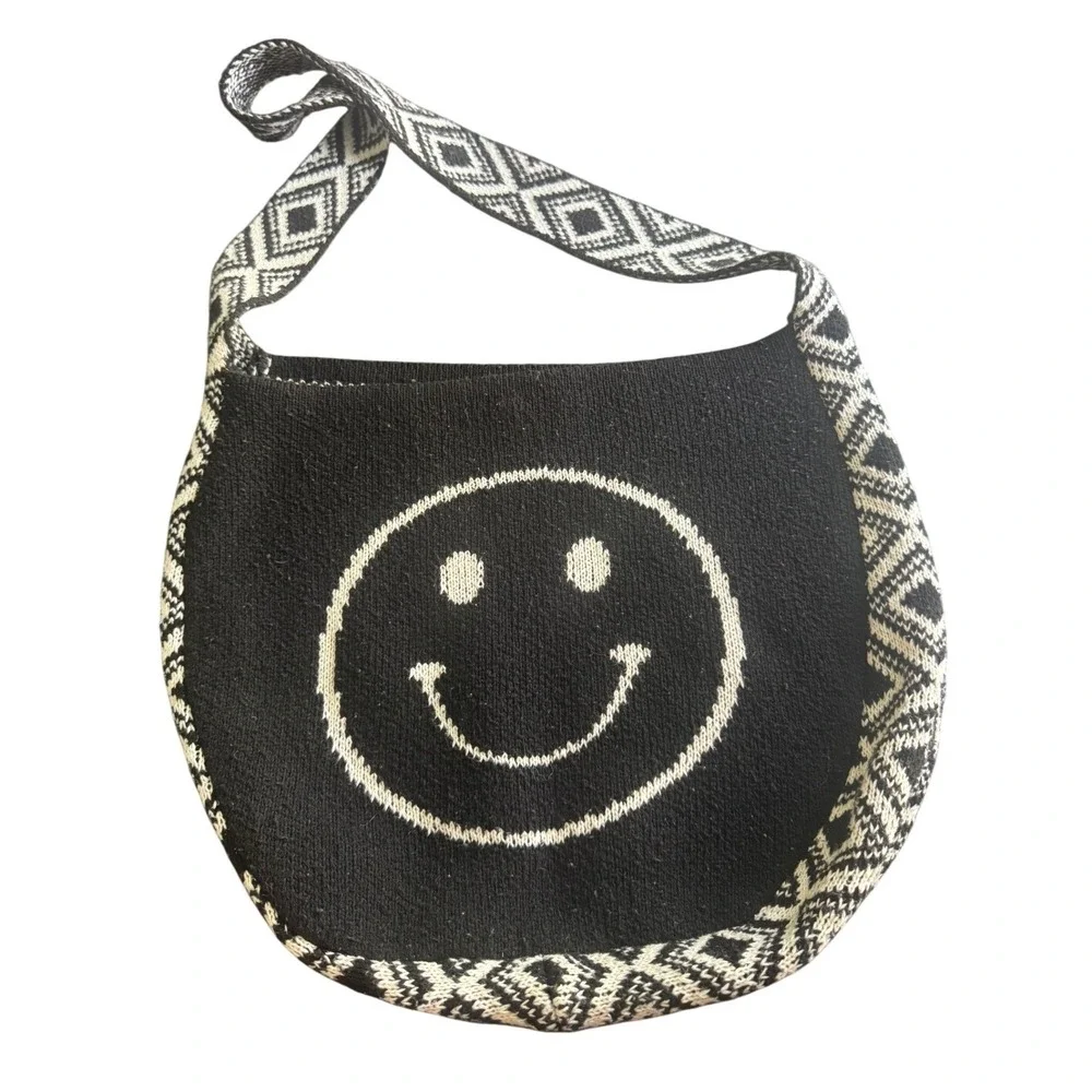 Black Knit Smiley Face Hobo Bag Geometric Diamond Trim Shoulder Bag